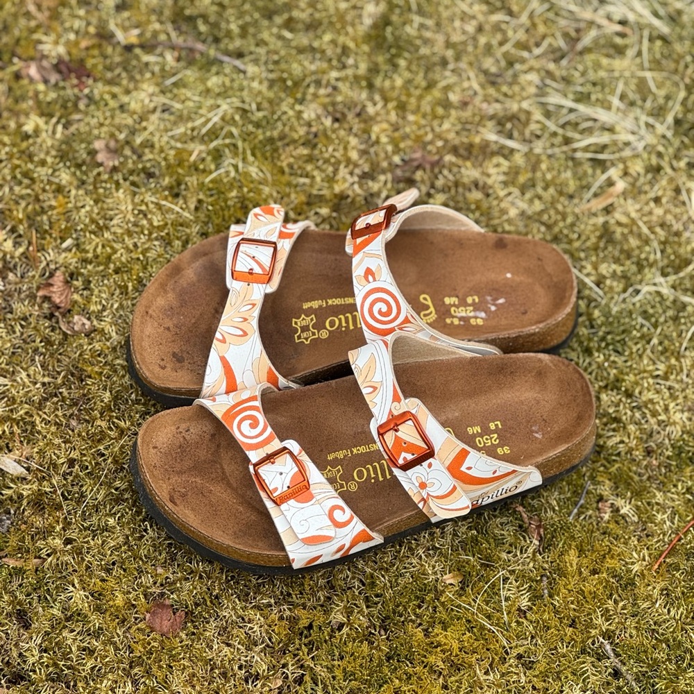 Birkenstock Orange and White Cork Sandals with Adjustable Straps